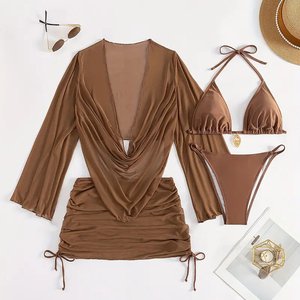 Traje de Baño Sexy con Logo Personalizado <span class=keywords><strong>en</strong></span> Color Marrón y Negro, Traje de Baño de Tres Piezas con <span class=keywords><strong>Tanga</strong></span> de Anillo y Corte Alto para Mujer, Traje de Baño para Chicas Gorditas - Product Image 1