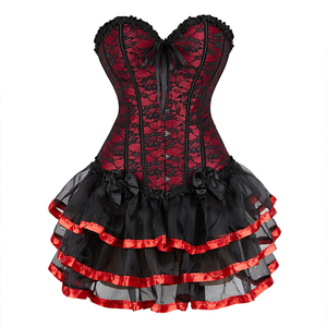 Ensemble de robe corset rouge surbuste avec superposition de dentelle florale au <span class=keywords><strong>crochet</strong></span> haut <span class=keywords><strong>bustier</strong></span> et jupe superposée - Product Image 1