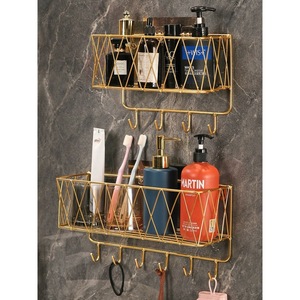 Bathroom Wall <b>Shelf</b> Metal Mesh Storage Rack <b>With</b> <b>Hooks</b> For Toothbrush Shampoo Soap Organizer Mounting On Wall - Product Image 1