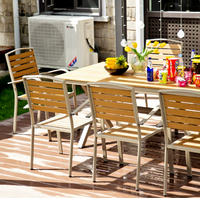 Ensemble de salle à manger moderne pour patio extérieur, résistant aux intempéries, en alliage d'aluminium, pour parc, villa, jardin, loisirs, combinaison table et chaises en plastique et bois