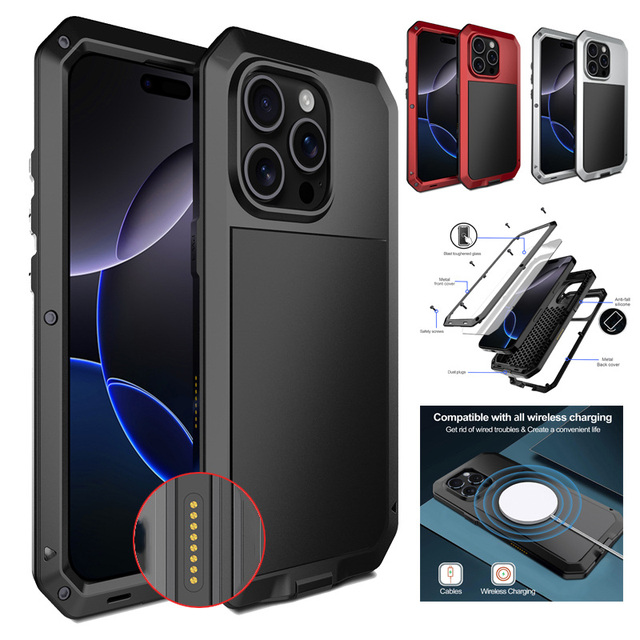 For iphone 16 15 14 13 12 11 Pro Max 17e 16e / 13 12 Mini XS MAX Heavy Duty Protection armor Metal Aluminum Powerful Case