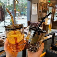 Gobelets en verre avec pailles Tasse en bambou Couple en verre Tasse de voyage portable Tasse à café