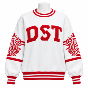 Sudadera Blanca con Cuello Redondo de la Hermandad DST, Bordado de Letras Rojas, Hombros Caídos, Sudadera de Felpa Personalizada - Product Image 1