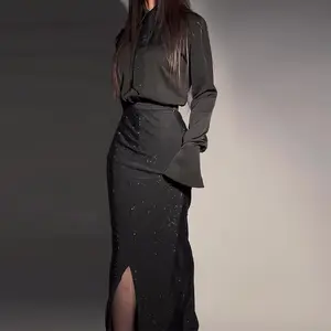 PDEP 2023 осеннее Новое модное черное тяжелое платье с длинным рукавом роскошное платье макси с бисером и блестками элегантное женское платье для вечеринки