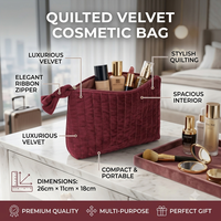 Sac de rangement pour maquillage personnalisé en velours rouge, sac de rangement portable pour pinceaux de maquillage avec cordon et fermeture éclair, sac cosmétique matelassé pour les voyages