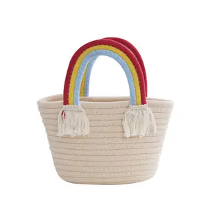 NISEVEN Hot Sale DIY Souvenir Basket Cute Rainbow Woven Cotton Rope Storage Basket For Holiday Beach Bag Storage Bag
