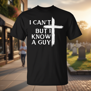 Camiseta con cruz cristiana I Cant But I Know A Guy Design, camisa promocional negra para hombre - Product Image 3