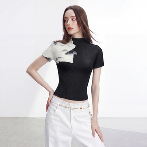 PY Women's Black Knitted Turtleneck Crop Top Short Sleeve Loose Fit Geometric Flowers Vintage Eco-Friendly <b>Spring</b> Summer - Product Image 1