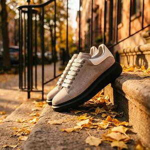 Zapatillas casuales de plataforma para hombre en gamuza gris, gamuza genuina con pestaña de talón blanca, con suela antideslizante cómoda para la vida urbana masculina. - Product Image 2