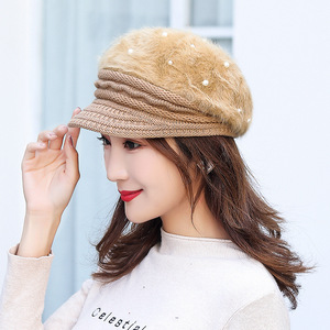 Winter Rabbit Fur Beret Women Pearl Decorated Fleece Lined <b>Warm</b> <b>Hat</b> For Winter - Product Image 5