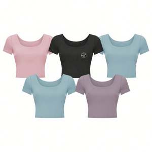 Camiseta recortada Venta al por mayor Casual Sport Gym Jogging Fitness Cuello cuadrado de alta calidad Ropa de entrenamiento acolchada para mujeres - Product Image 1