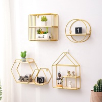 Étagère murale flottante élégante en métal doré OEM, forme géométrique, plateau en bois naturel, multi-formes, pour la décoration de la maison