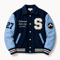 Veste universitaire personnalisée en chenille pour homme, veste de baseball en mélange de laine jacquard avec manches en cuir bleu, veste brodée style Letterman