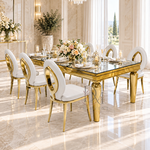 Table de salle à manger rectangulaire élégante en acier inoxydable doré avec plateau en verre miroir et pieds effilés arrondis pour l'approvisionnement de projets hôteliers et de banquets - Product Image 1
