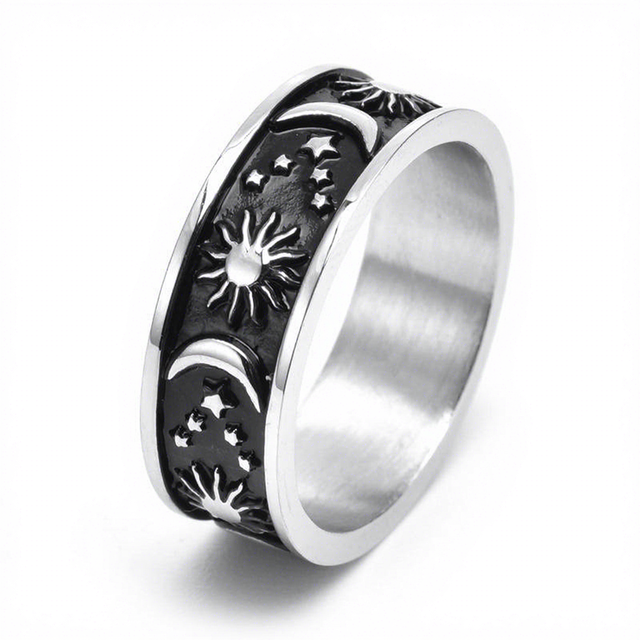 POYA Titanium Fidget Ring 8mm Moon Star Sun Spinner Design Unisex Classic Style Stress Relief Anxiety Relief Silver Gold Black