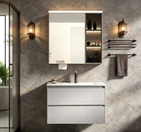Meuble-lavabo mural simple avec éclairage LED, vasque flottante à double tiroir, idéal pour les salles de bain d'hôtels et de villas.