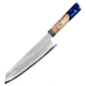 Cuchillo de chef japonés de 8'' con hoja de acero compuesto de 7 capas de alto contenido de carbono DAMASCUS y mango de madera de resina ambidiestro, ecológico - Product Image 1
