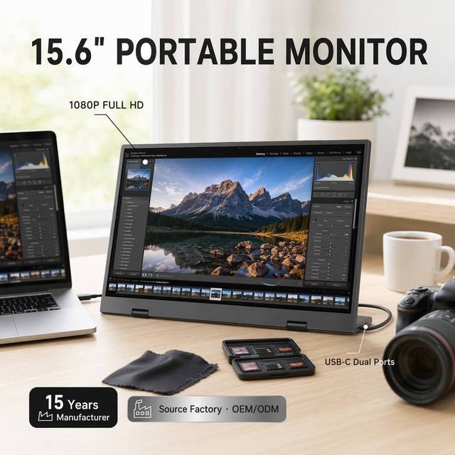 Plug & Play 15.6 Inch Portable Monitor FHD 1080P IPS Dual Speakers USB Type-C OEM Screen Extender 72% SRGB for PC Business Use