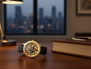 Orologio Meccanico da Uomo VOLSTO 43mm con Cassa in Oro Giallo, Cinturino in Pelle, Design Scheletrato, Quadrante Analogico di Lusso alla Moda - Product Image 2