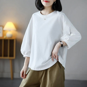 Spring Summer New Arrival Women's Loose Lantern Sleeve T-Shirt Crew Neck Solid Color Casual Three-Quarter Sleeve Top Black - Product Image 4