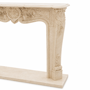 Chimenea tradicional de mármol con tallado ornamentado, de mármol beige Galala, para interiores, con estufa de leña para comedor. - Product Image 5