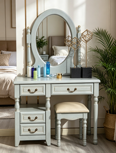 Elegant Turned Leg <b>Solid</b> <b>Wood</b> Vanity Set, 3 Drawer Oval Mirror Makeup <b>Dressing</b> <b>Table</b> With Cushioned Stool For Farmhouse Bedroom - Product Image 1