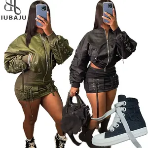 Fashion Style Two Piece Set Women Casual Zipper Lace up Jackets+Mini Skirts Matched 2024 Hipster Skirt Outfits