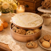 Boîte à biscuits ronde personnalisée en métal, en gros, avec couvercle doré, décorative et gaufrée, pour biscuits, bonbons, rangement et cadeaux