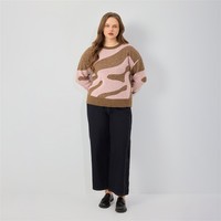 Pull jacquard abstrait à col rond pour femme, tricot oversize, pull ample grande taille pour l'automne et l'hiver, style décontracté et urbain