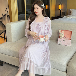 Pyjama chemise de nuit respirant longueur genou 2025 – Collection Printemps-Automne, couleur unie, col carré, style princesse, élastique, pour la maison - Product Image 2