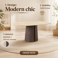 Table à manger moderne en marbre avec pieds en bois massif style Wabi-sabi, personnalisable et durable, pour appartement
