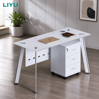 Escritorio de Oficina Moderno de Vidrio con Archivador Móvil de 3 Cajones, Patas Metálicas Extensibles Negras, Panel de Modestia, para Oficina en Casa