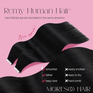Moresoo 30 pollici Remy Hair umani extension nastro adesivo invisibile in colla diritta nera rimovibile e riutilizzabile stile dritto - Product Image 5