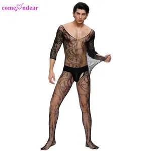 Stijlvolle Erotische Bloemen Patroon Hollow Out Crotchless Transparante Mesh Visnet Bodystocking Sissy Knappe Mannen Lingerie Ondergoed