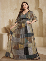 Robe décontractée longue en mousseline fluide à col en V, imprimé patchwork aquarelle aléatoire, taille plissée et manches à volants, grande taille, collection Printemps/Été