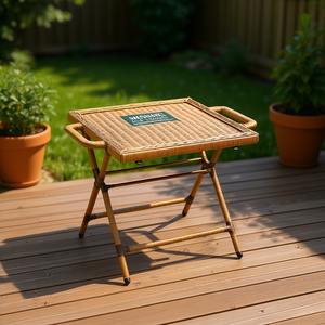 Portable Folding Rattan <b>Table</b> With Handle For Outdoor Use <b>Brown</b> Plastic Frame - Product Image 2