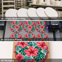 Sous-plat en céramique 20 cm, motif feuille de Monstera Hibiscus rose festonné, impression UV émaillée, base en liège, style Zen Asiatique, réutilisable pour table de cuisine