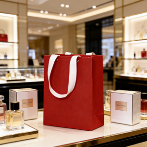 Sac en carton rouge pliable pour le commerce de détail, avec logo personnalisé, poignées à cordon doublées de coton et rivets. - Product Image 4