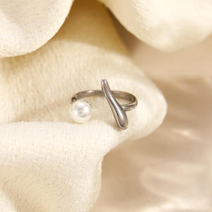 Anillo de Acero Inoxidable con Incrustaciones de Perlas, Forma de T, Apertura Irregular, Ajustable, Línea Simple, Elegante, Joyería para Mujer, Regalo - Product Image 2