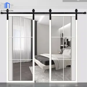 Zonron Sản Xuất Pháp Phong Cách Thủy Tinh Kim Loại Barn Cửa Mỹ Nhân Đôi Barn Door Với Trượt Barn Door Con Lăn Thiết Lập