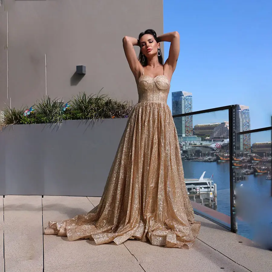 Gaun Malam Desain Sampanye Dubai Gaun Pengantin Gaun Malam Wanita Suar Panjang Gaun Malam Manik-manik Emas