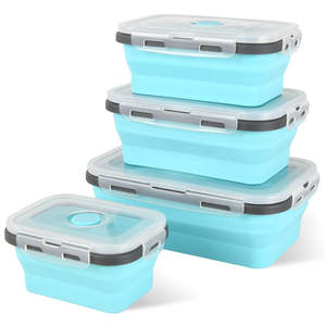4 Pcs Blue Silicone <b>Collapsible</b> Square Food Storage Container <b>Bowls</b> with Lids, Microwave Freezer and Dishwasher Safe - Product Image 1