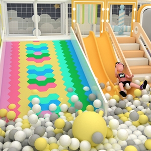 Aire de jeux intérieure moderne grise à carreaux, avec structure d'escalade multi-niveaux, <span class=keywords><strong>toboggan</strong></span> double piste et piscine à balles - Product Image 4
