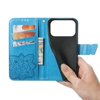 Étui portefeuille à rabat pour iPhone 18 17 Pro Max avec porte-cartes, motif papillon et fleur en relief, en cuir PU
