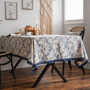 Blue Rose Floral Pastoral Cotton Linen Lace Tablecloth Home Cover Wholesale - Product Image 3