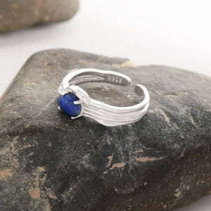 Bijoux fantaisie de haute qualité en argent sterling S925, bague ovale martelée irrégulière réglable en <span class=keywords><strong>lapis</strong></span>-<span class=keywords><strong>lazuli</strong></span> pour femmes - Product Image 5