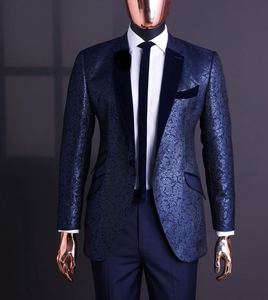 Trajes de esmoquin Blazers azules marinos formales para fiesta de graduación de boda para hombre con brocado jacquard ajustado a medida - Product Image 1