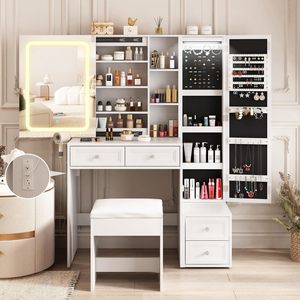 Manufacturer's LED lighting sliding mirror <b>dressing</b> <b>table</b> jewelry cabinet charging station <b>storage</b> shelf cushioned stool set - Product Image 1