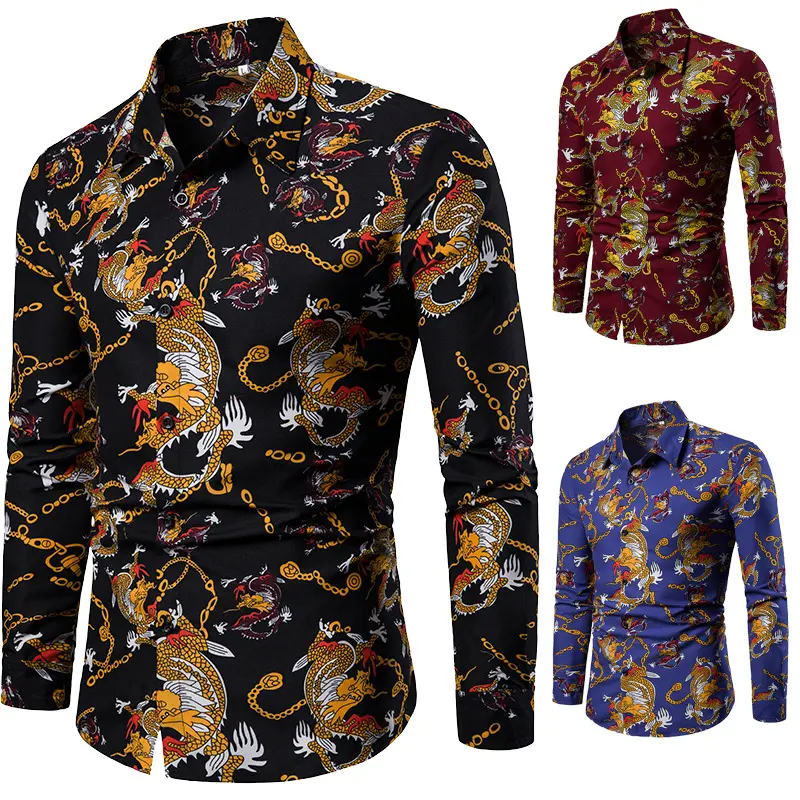 European and American Spring and Autumn New Style Men's Casual Fashion Pattern Chain Print Long Sleeve Shirt Slim Collar Shirt
