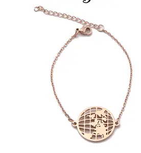 Rose Gold Stainless Steel Hollowed World Map Charm Adjustable Bracelet